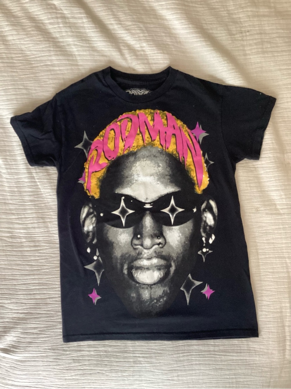 Dennis Rodman Y2K Short-Sleeve Graphic Tee with Pink & Gold Accents